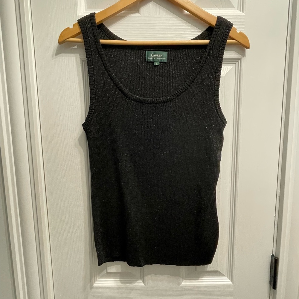 Lauren Ralph Lauren Shimmer Tank Ribbed Sweater Black Metallic Fiber Large